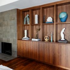 Walnut Built-In Shelves in Neutral, Midcentury Modern Living Room