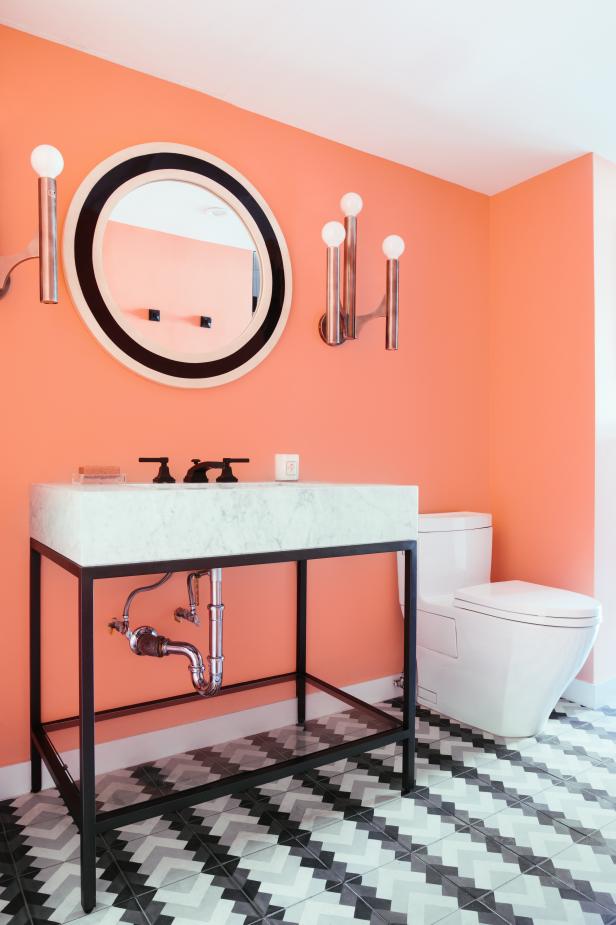 Modern Salmon Bathroom With Black-and-White Patterned Floor