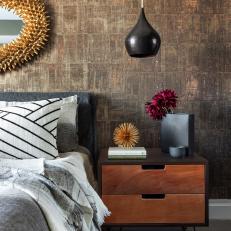 Master Bedroom Midcentury Modern Nightstand Details Including Black Pendant Light and Texture Details