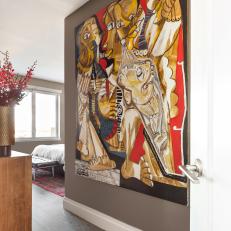Large Mural Over Entrance Wall in Neutral Master Bedroom 