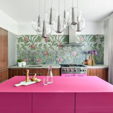Contemporary Kitchen With Bright Pink Island