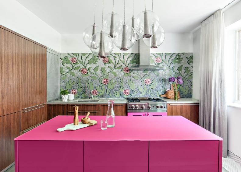 Contemporary Kitchen With Bold Floral Backsplash