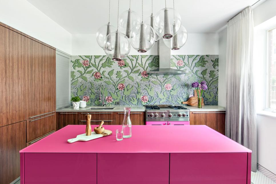 Contemporary Kitchen With Bold Floral Backsplash