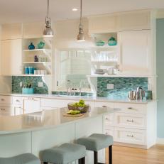 Green and Blue Tile Backsplash in Light and Warm Beach Cottage Kitchen