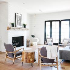 White Living Room with Reclaimed Wood Mantle 