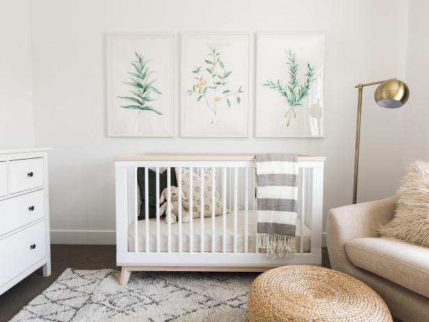 Neutral Nursery With White Crib and Brass Floor Lamp