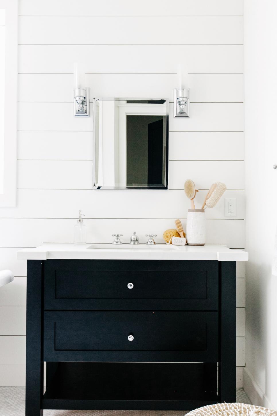 Shiplap Detail and Chrome Fixtures in Black and White Master Bathroom
