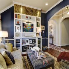 Eclectic Living Room With Navy Blue Walls