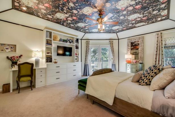 Master Bedroom With Small Desk Area Green Velvet Bench Hgtv