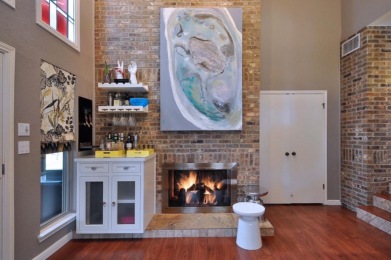 Bonus Room With Brick Fireplace Abstract Art Small Bar Hgtv