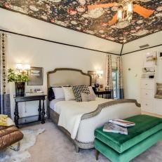 Elegant Master Bedroom With Floral Wallpaper Ceiling