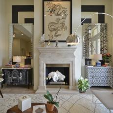 Neutral Living Room With Marble Fireplace, Curved Floor Lamp