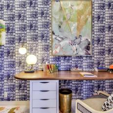 Desk Area in Summit Art Studio With Blue Pattern Wallpaper