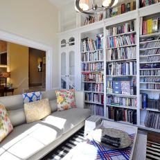 Contemporary Living Room With Bookcase, Neutral Sofa