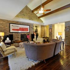 Contemporary Living Room With Brick Fireplace