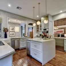 Midcentury Modern Kitchen With Pendant Lights, Exposed Brick