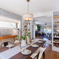 Neutral Midcentury Modern Dining Room with Custom Wallpaper 