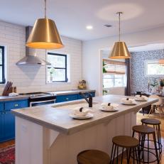 Gray Mid-century Modern Kitchen with Blue Cabinets 