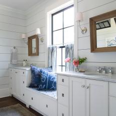 Double Vanity Bathroom With Window Seat, Half Curtain and Marble Countertop 