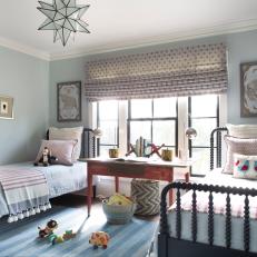 Powder Blue Kid's Room With Two Twin Beds, Star Pendant Light and Wide Roman Shade