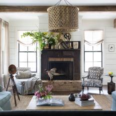 Airy Modern Farmhouse Living Room Design With Natural Wood Framework and Soothing Color Scheme 