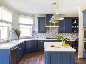 Blue and White Transitional Kitchen With Shades