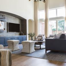 Transitional Living Room With Blue Cabinets