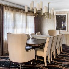 Contemporary Brown Formal Dining Room With Twin Chandeliers 