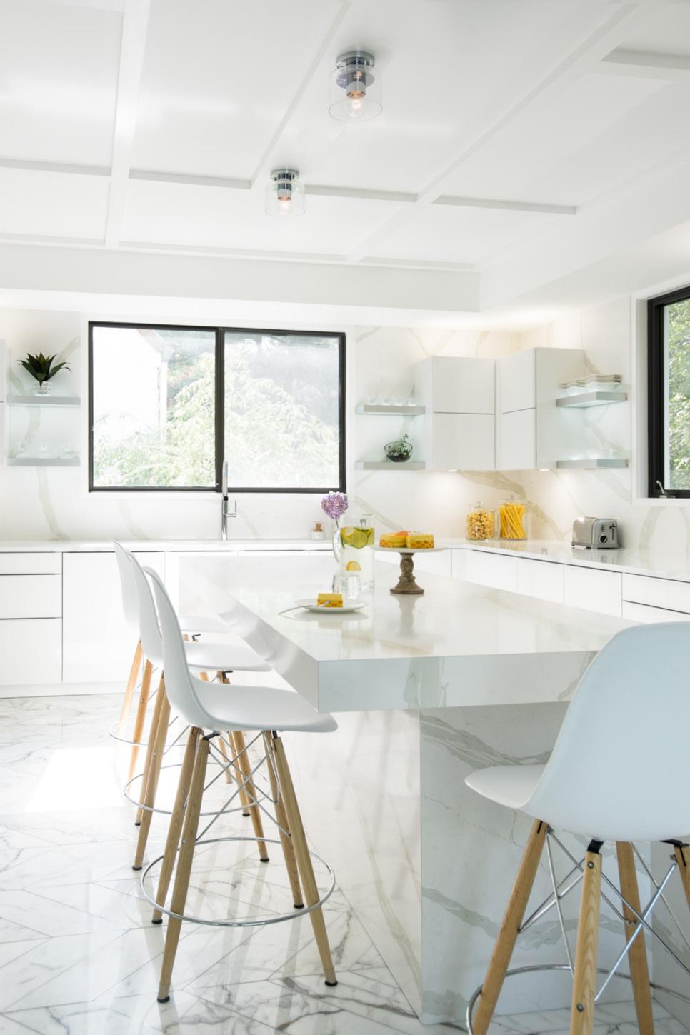 White Modern Kitchen With Yellow Accents | HGTV