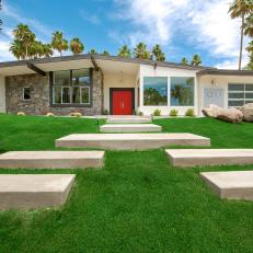 Lush Lawn With Stone Slab Walkway for Midcentury Ranch Home