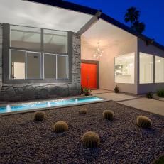 Cactus Bed and Water Feature Near Front of Midcentury Ranch