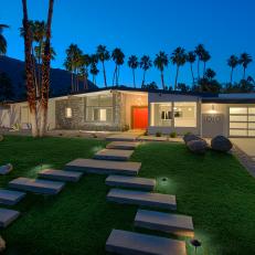 Stone Slab Walkway and Landscape Lights at Midcentury Ranch