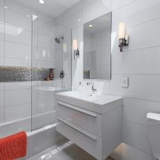 White Modern Bathroom With Red Bath Mat