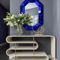 Gray Modern Foyer With Blue Mirror