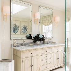 Double Vanity With Marble Countertop in Primary Bathroom