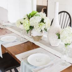 Country Dining Table With White Hydrangeas