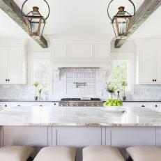 White Country Kitchen With Lantern Pendants