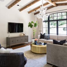 Contemporary Living Room With Glass Chandelier