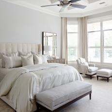 White Transitional Master Bedroom With Upholstered Headboard
