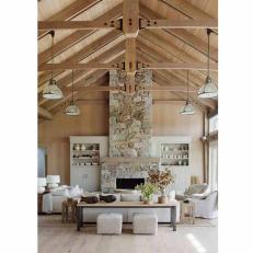 Neutral, Rustic Living Room with Stone Fireplace