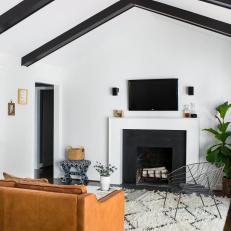 Black and White Mid-century Modern Living Room With Vault Ceiling