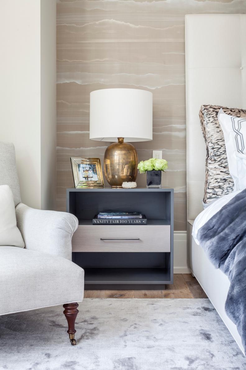 Contemporary Gray Nightstand With Copper Lamp