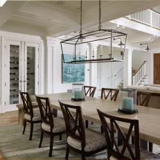White Transitional Dining Room With Wine Storage