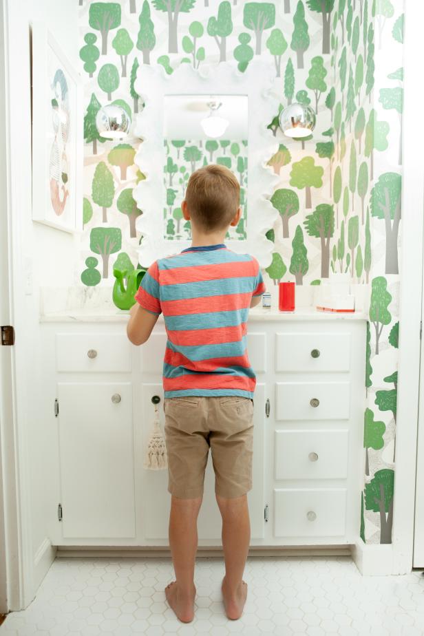 Boy's Bathroom with Tree Wallpaper