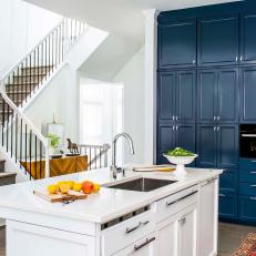 Blue and White Kitchen and Stairs
