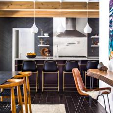 Gray Contemporary Open Kitchen With Purple Island