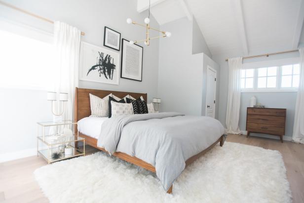 Mid Century Modern Bedroom With Fur Rug Chandelier Hgtv