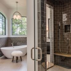 Black and White Master Bathroom With Standing Shower
