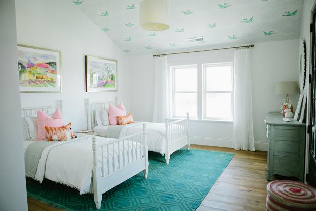 Bright, White Farmhouse Girl's Bedroom With Bird Ceiling, Turquoise