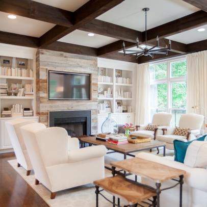 Neutral Transitional Living Room With Wood Beam Fireplace